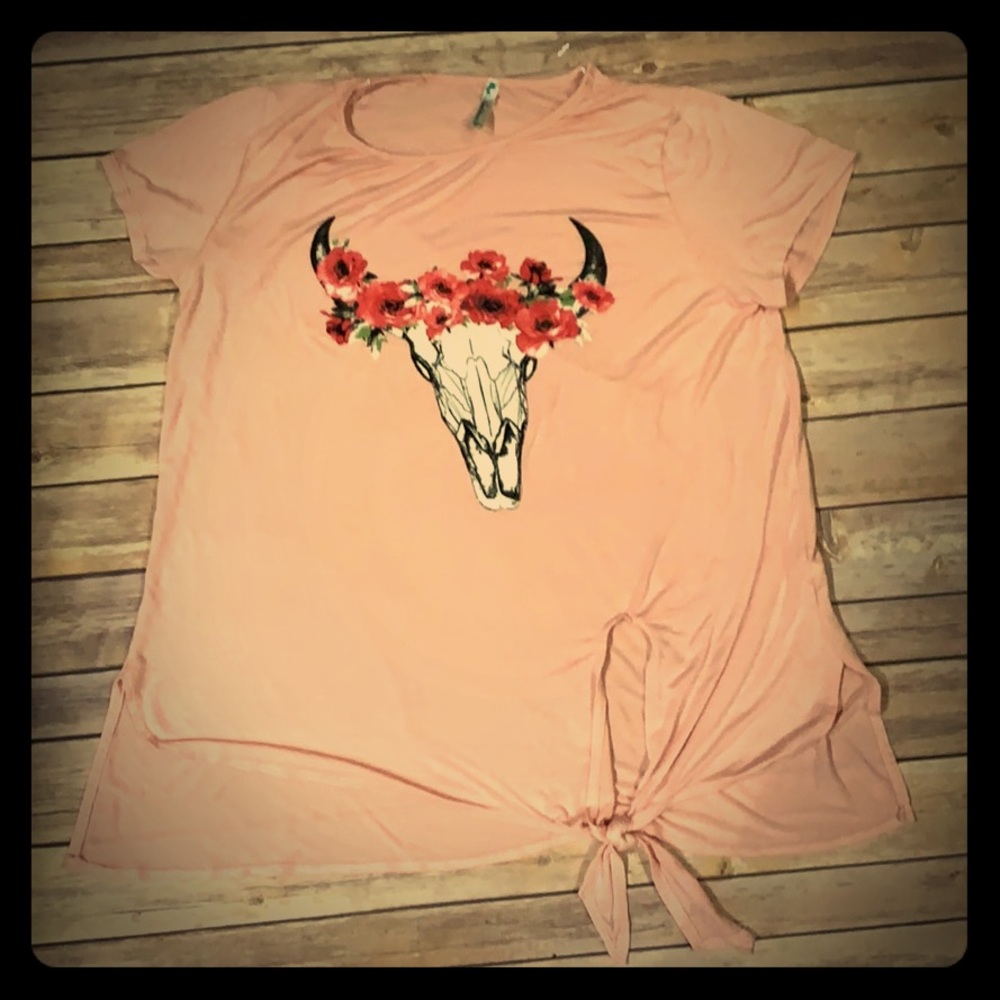 Pink Floral Cow Skull Tie T-shirt size large